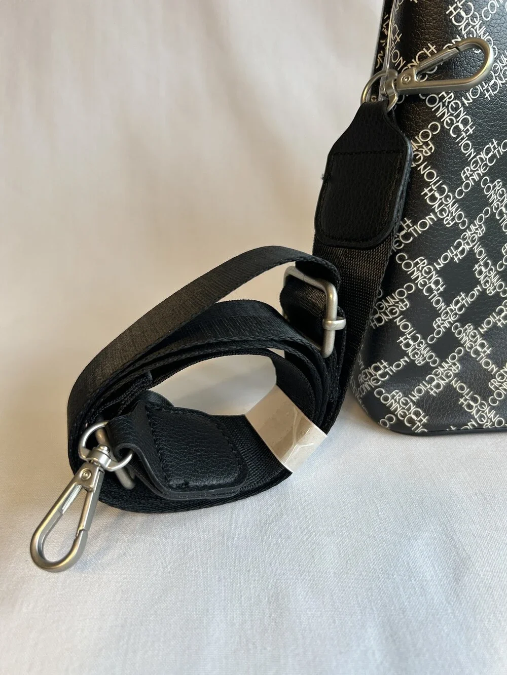 French Connection Bucket Shoulder Bag Black Adina Monogram Logo Purse
